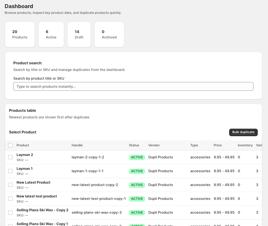 Dupli Products Dashboard